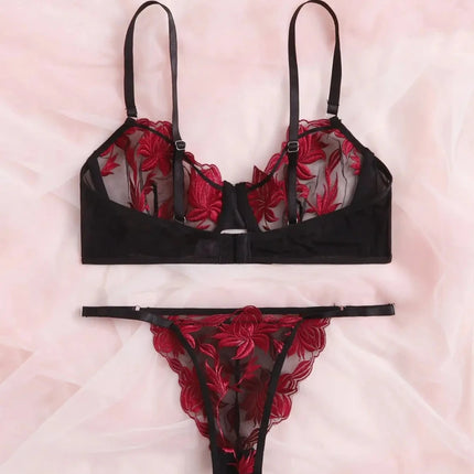 Women Red Black Embroidery Lingerie Set