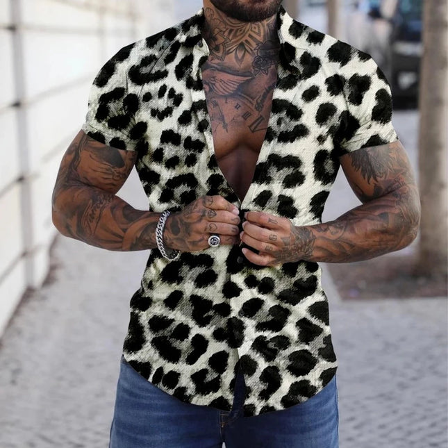 Men Vintage Turn Down Collar Leopard Shirts