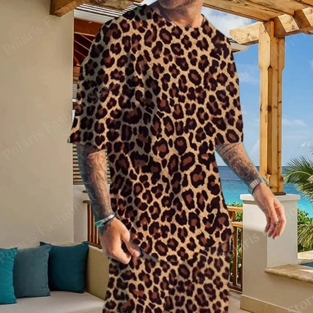 Men Vintage Leopard Print Short Tracksuit 2pc Set