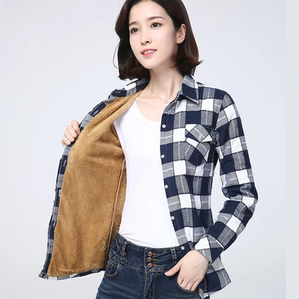 Women Winter Plaid Velvet Shirt Jacket