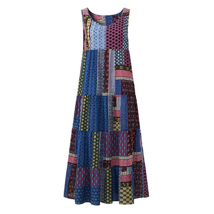 Women Vintage Bohemian Sleeveless Patchwork Dress