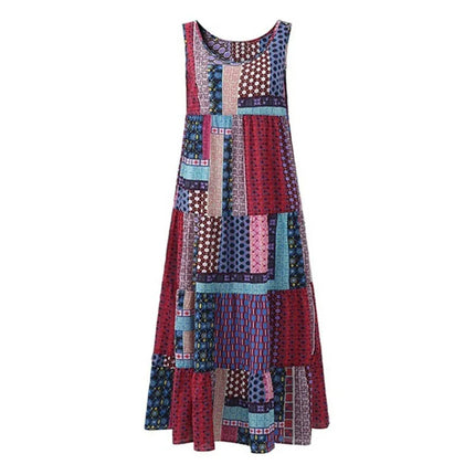 Women Vintage Bohemian Sleeveless Patchwork Dress