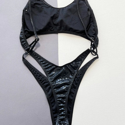 Women Black Snake Print Metallic Swimwear