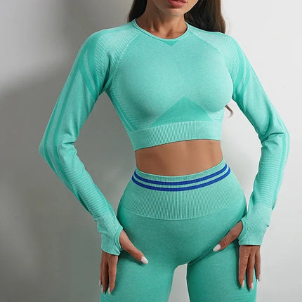 Women Solid Blue Leggings Crop Top Activewear Sets