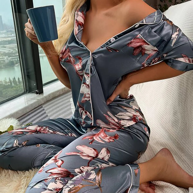 Women Satin Silk Floral Lapel Pajama Sleepwear Sets