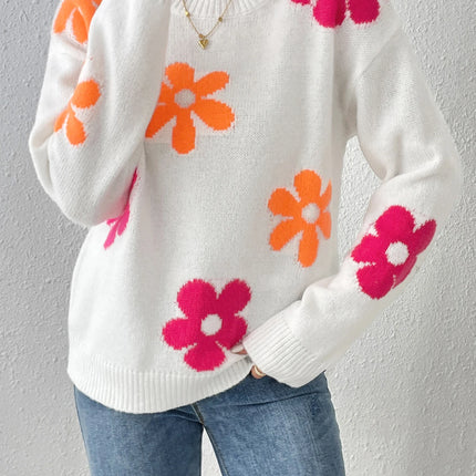 Women Crew Neck Floral Daisy Sweater