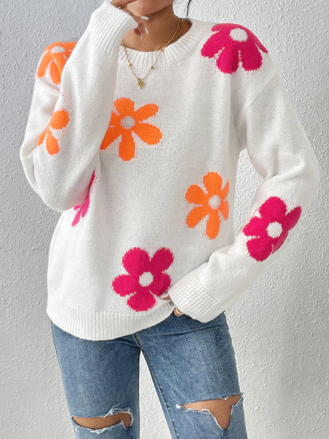 Women Crew Neck Floral Daisy Sweater