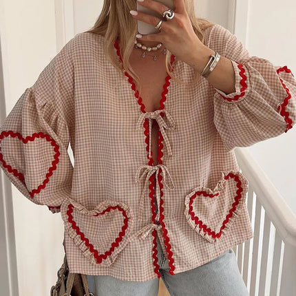 Women Vintage Heart Patchwork Party Blouse