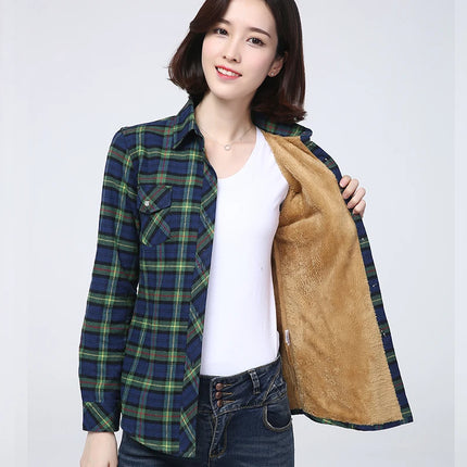 Women Winter Plaid Velvet Shirt Jacket