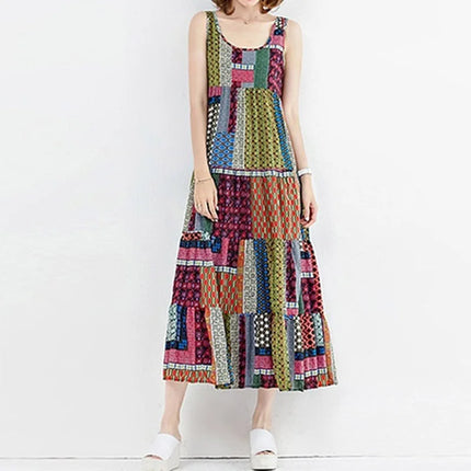 Women Vintage Bohemian Sleeveless Patchwork Dress