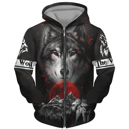 Men 3D Wolf Moon Zip Streetwear Hoodies