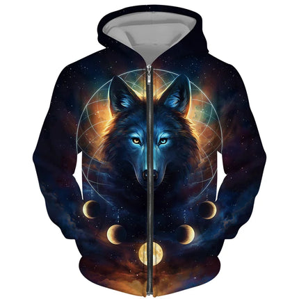 Men 3D Wolf Moon Zip Streetwear Hoodies