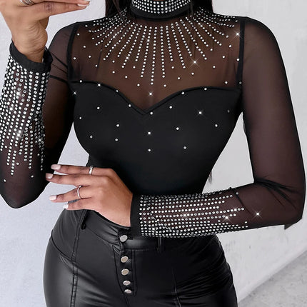 Women Solid Long Contrast Rhinestone Bodysuits