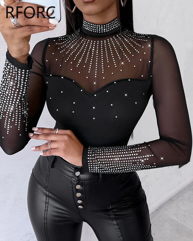 Women Solid Long Contrast Rhinestone Bodysuits