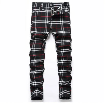 Men Business Casual Plaid High Stretch Red Black Pants