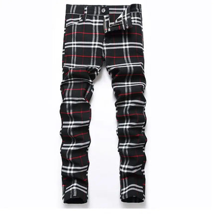 Men Business Casual Plaid High Stretch Red Black Pants