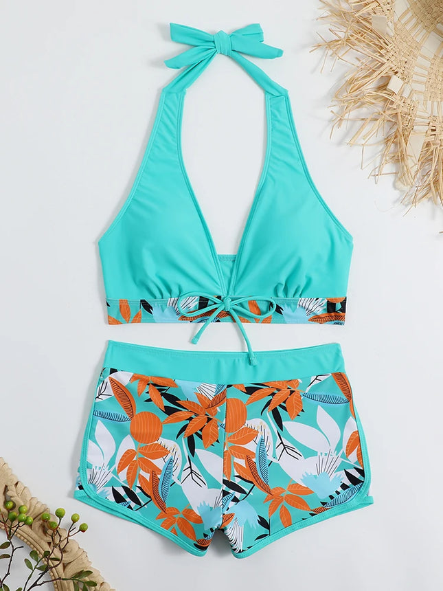 Women Halter High Floral Tankini Set
