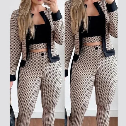 Women 3pc Plaid Contrast Crop Top Pants Set