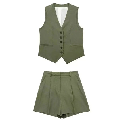 Women Vintage Solid Vest Shorts Set