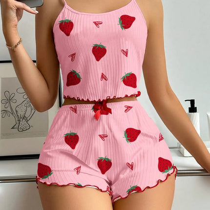 Women Summer Heart Crop Top Pajama Set