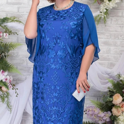 Women Blue Fall Plus Floral Embroidery Dress