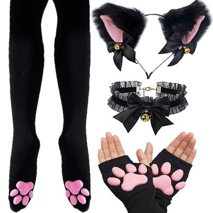 Women Cat Paw Thigh High Socks Gloves Set