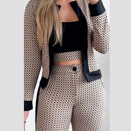 Women 3pc Plaid Contrast Crop Top Pants Set