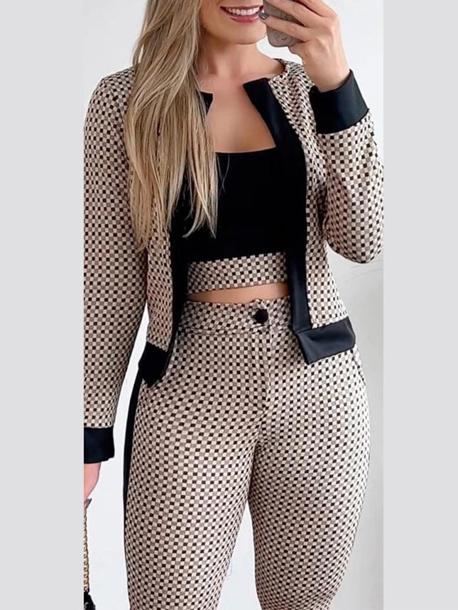 Women 3pc Plaid Contrast Crop Top Pants Set