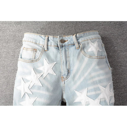 Men Distressed Light Blue Patchwork Stars Denim Jeans