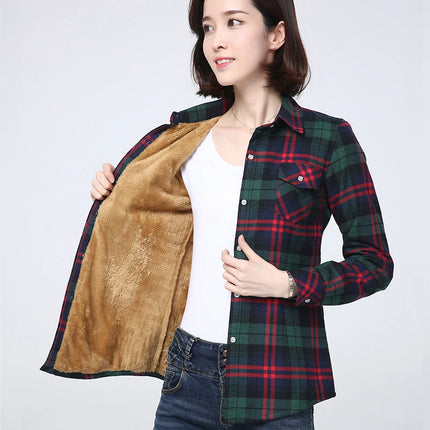 Women Winter Plaid Velvet Shirt Jacket