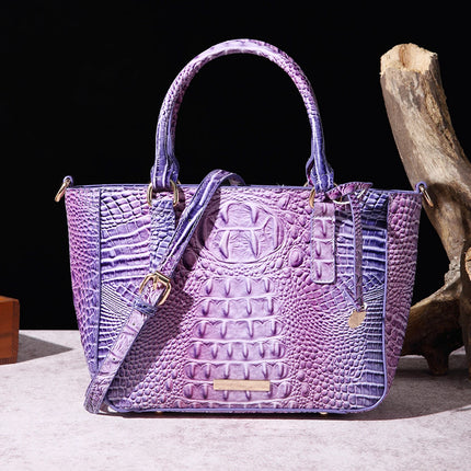 Women Pink Purple Crocodile Embossed Satchel Handbag