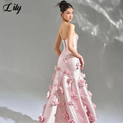 Women Pink Sleeveless 3D Flower Prom Dress