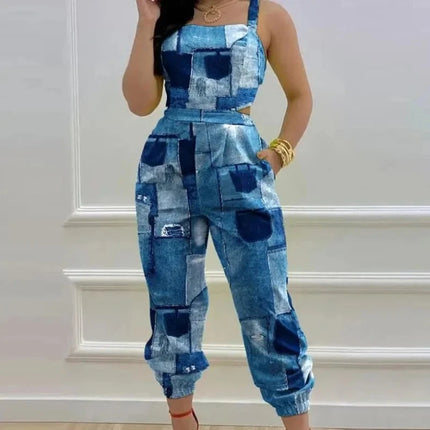 Women Backless Blue Bow Casual Jumpsuit