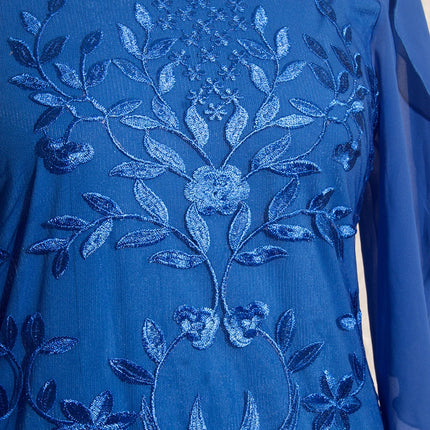 Women Blue Fall Plus Floral Embroidery Dress