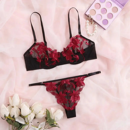 Women Red Black Embroidery Lingerie Set