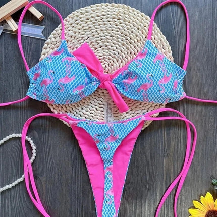 Women Halter Flamingo Print Bikini Swimwear Set