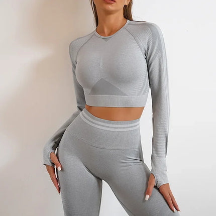 Women Solid Blue Leggings Crop Top Activewear Sets