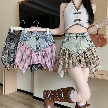 Women Patchwork High Waist A-Line Denim Skirt