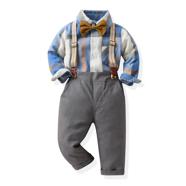 Boys Long Plaid Top+Suspenders Gentleman Outfit Sets