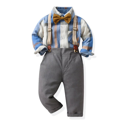 Baby Boy Birthday Blue Grey Plaid Gentleman Clothing Set