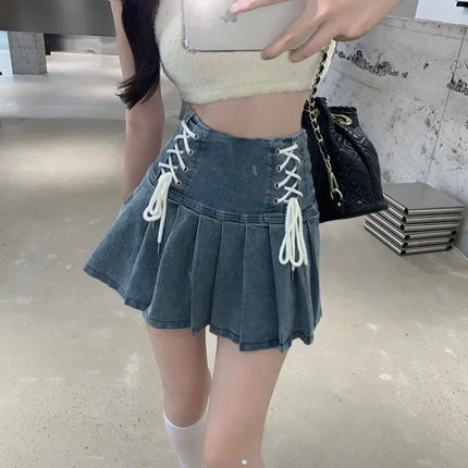 Women Blue Denim A-Line Drawstring Skirt