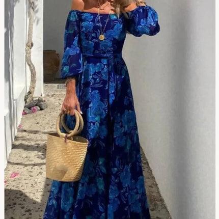 Women Slash Neck Blue Elegant Maxi Dress