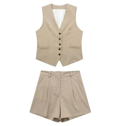 Women Vintage Solid Vest Shorts Set