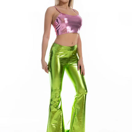 Women Holographic Solid Crop Top - Wide Leg Pants Matching Set