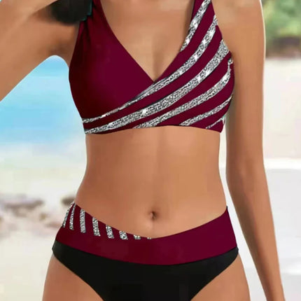 Women Stripe V Gradient Halter Bikini Set