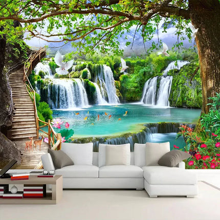 Custom 3D Tree Waterfall Landscape Mural Wallpaper