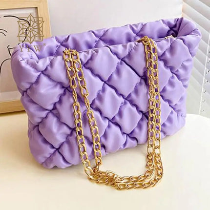 Women Fluffy Down Argyle Metal Chain Handbag