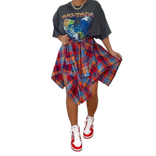 Women High Waist Plaid Mini Irregular Skirts.