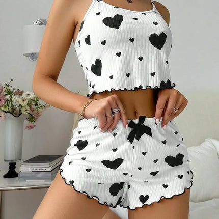 Women Summer Heart Crop Top Pajama Set