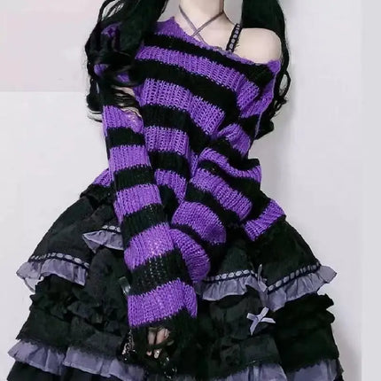 Women Pink Purple Striped Gothic Sweaters